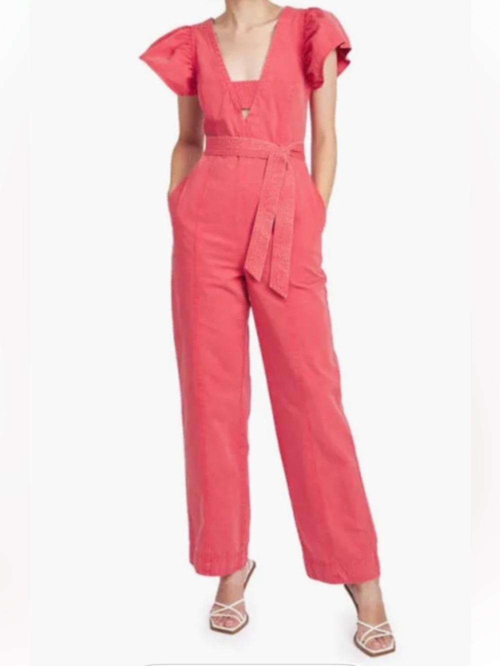 En Saison Tivoli Flutter Sleeve Denim Jumpsuit Luscious Red Size Small NWT